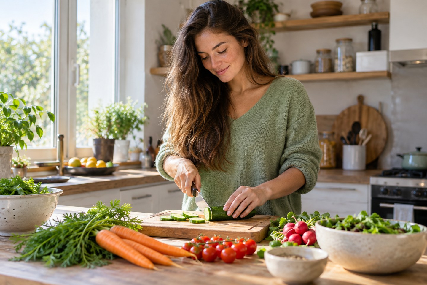 Une femme prépare des légumes dans sa cuisine.