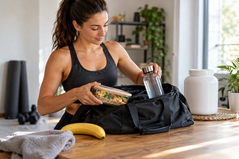 Une personne prépare un repas, une banane et une gourde pour une journée sportive.
