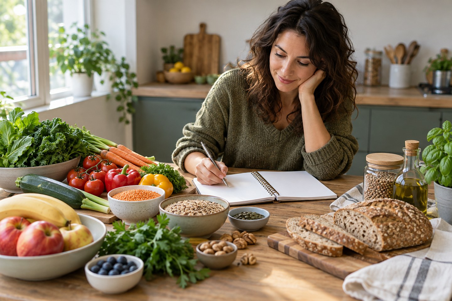 Une personne organise ses repas avec des légumes, des fruits et des légumes secs.