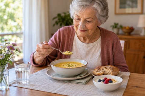 Un repas en petites portions avec une soupe, du pain et un dessert.