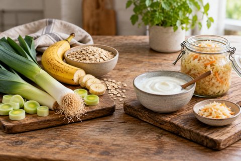 Des poireaux, une banane, de l’avoine, un yaourt et de la choucroute.