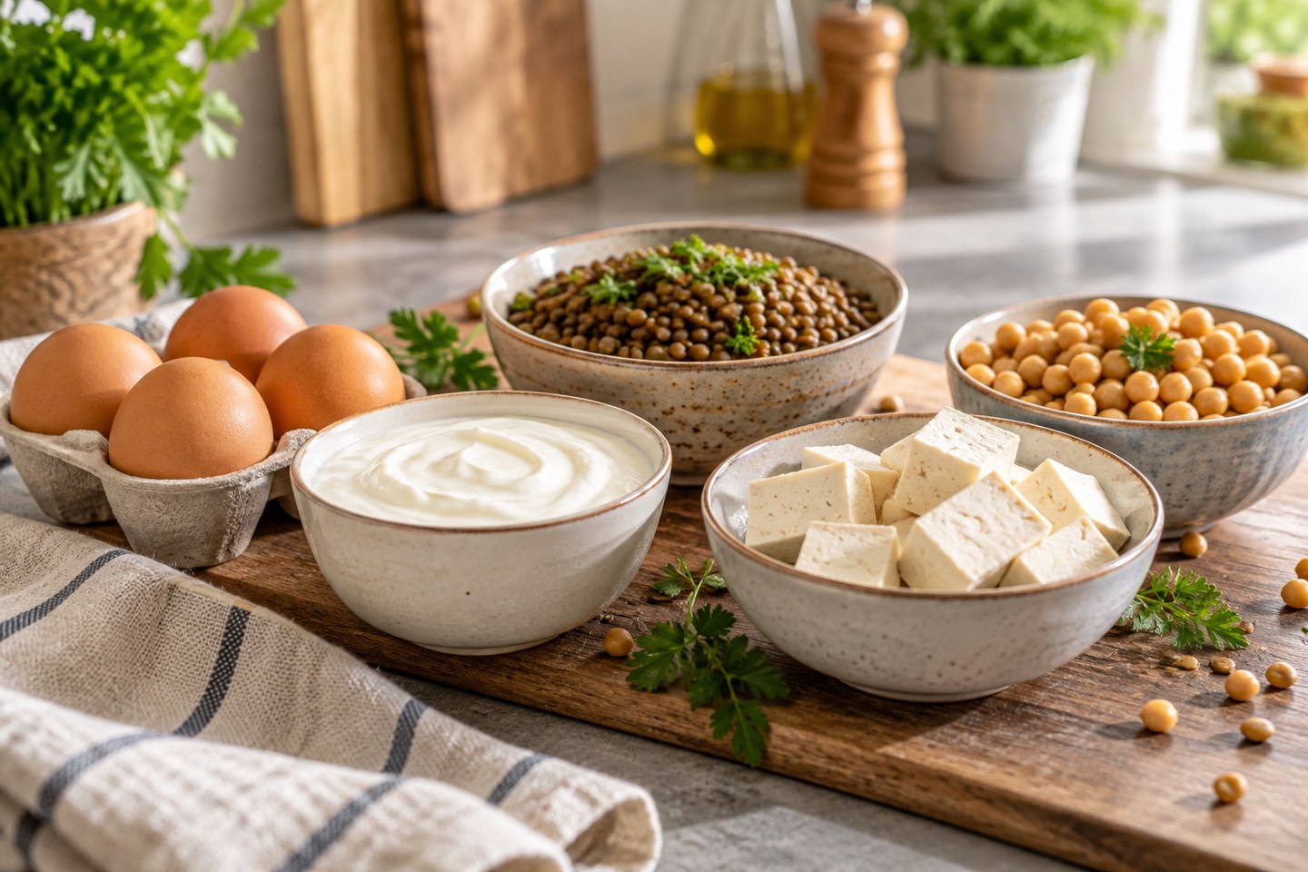 Des œufs, un yaourt, des lentilles, du tofu et des pois chiches.