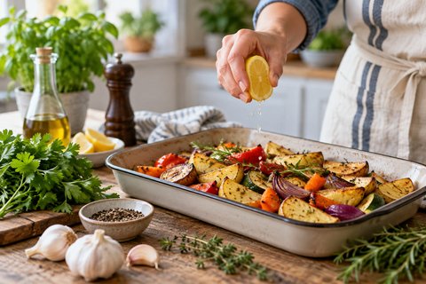 Des légumes assaisonnés avec du citron, des herbes, de l’ail et du poivre.