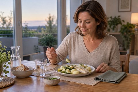 Un dîner en petite portion avec du poisson, une pomme de terre et des courgettes.