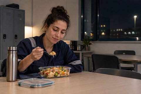 Une personne prend un repas préparé dans une salle de pause, le soir.