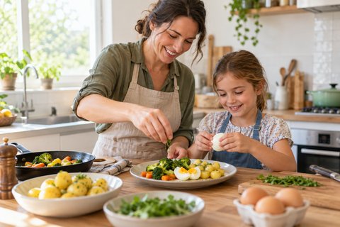 Un parent et un enfant préparent ensemble une assiette variée.
