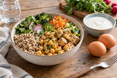 Un repas végétarien avec des pois chiches, du quinoa, du tofu et des légumes.