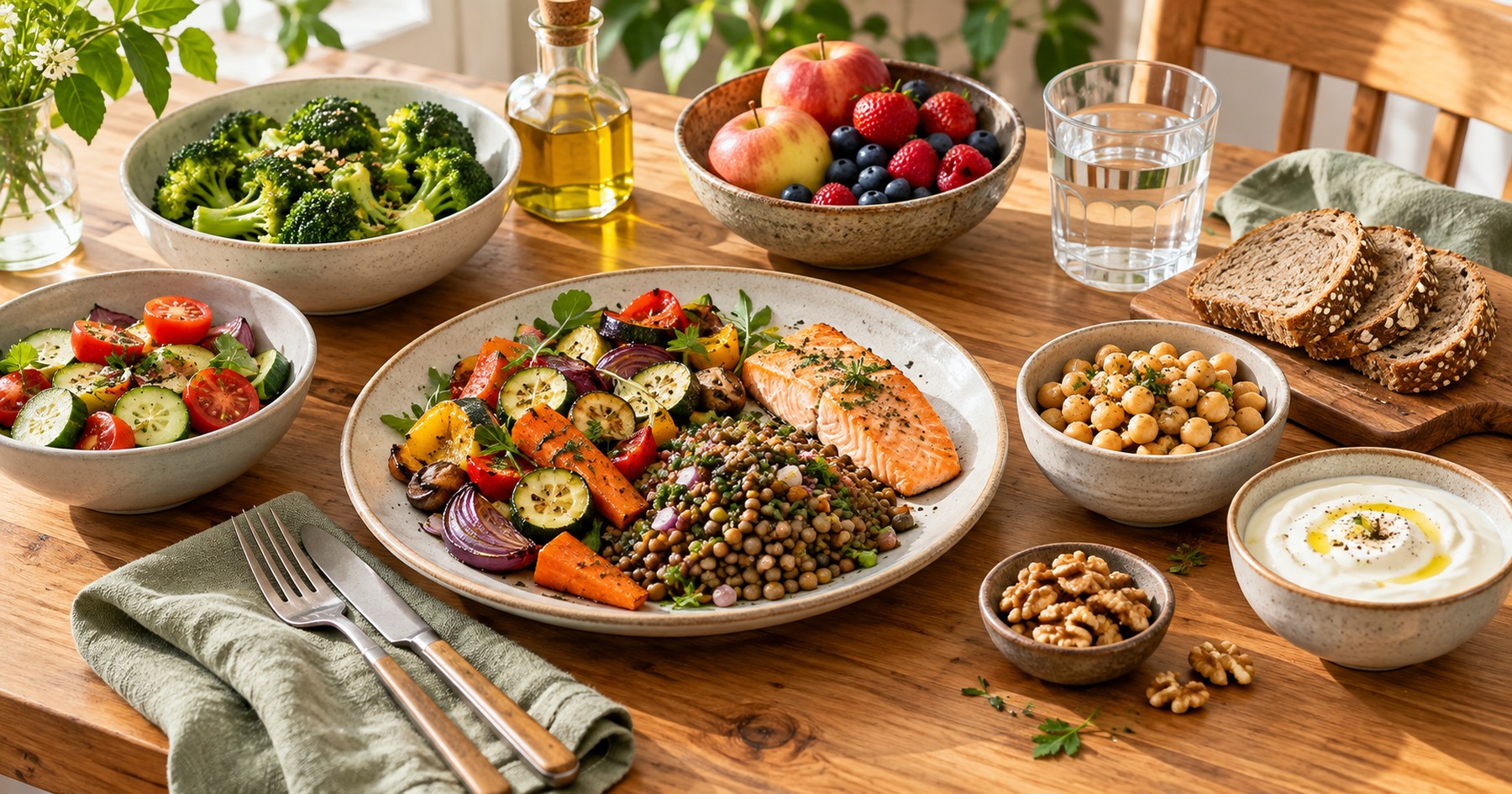 Un repas varié avec des légumes, des lentilles et du saumon, accompagné de fruits, de pain complet, de noix et d’eau.