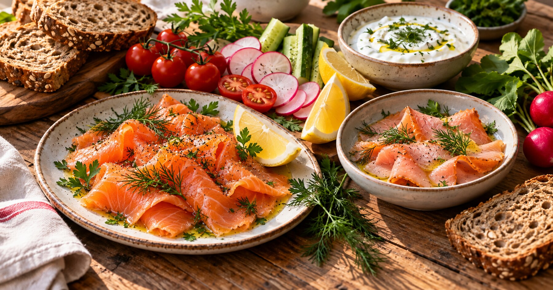 Truite ou saumon fumé, sauce douce, radis et tartines de seigle.