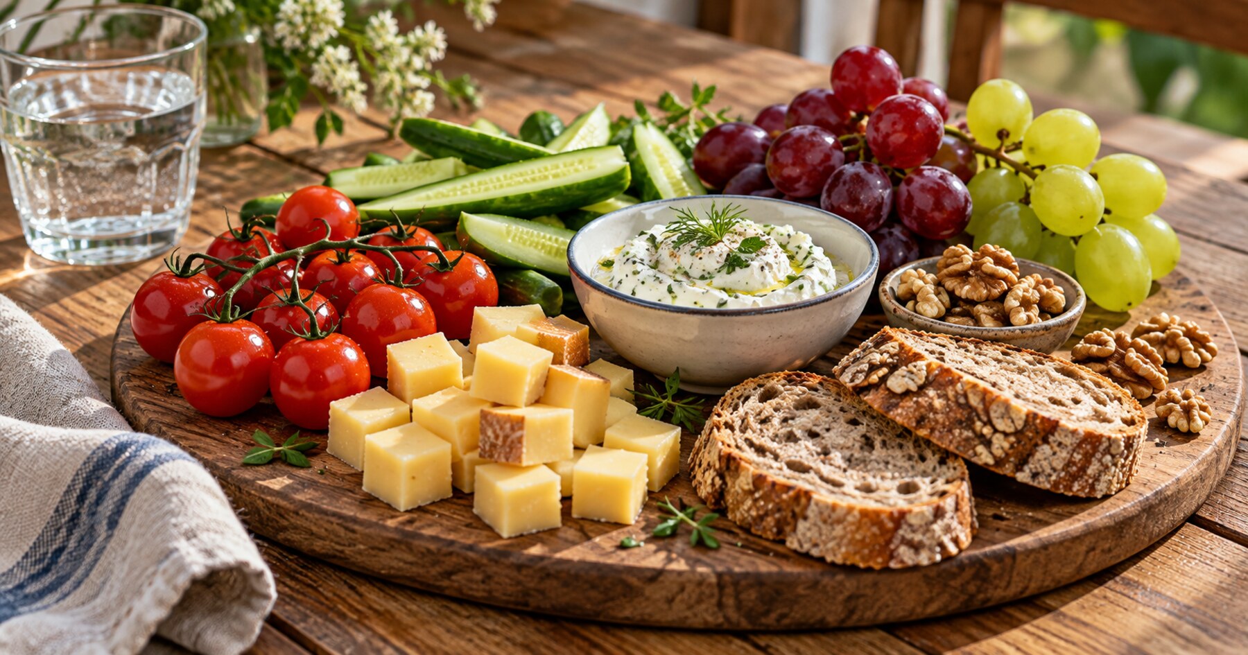 Une version méditerranéenne : fraîcheur, fromage, pain et quelques noix.