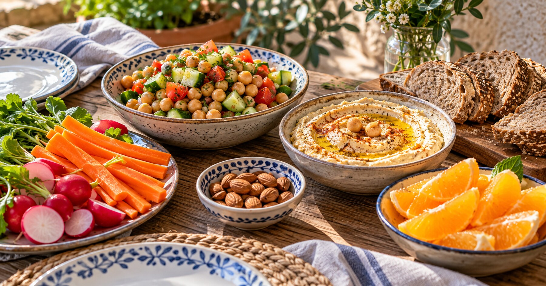 Houmous, salade de pois chiches, crudités et pain : du croquant et de la variété.