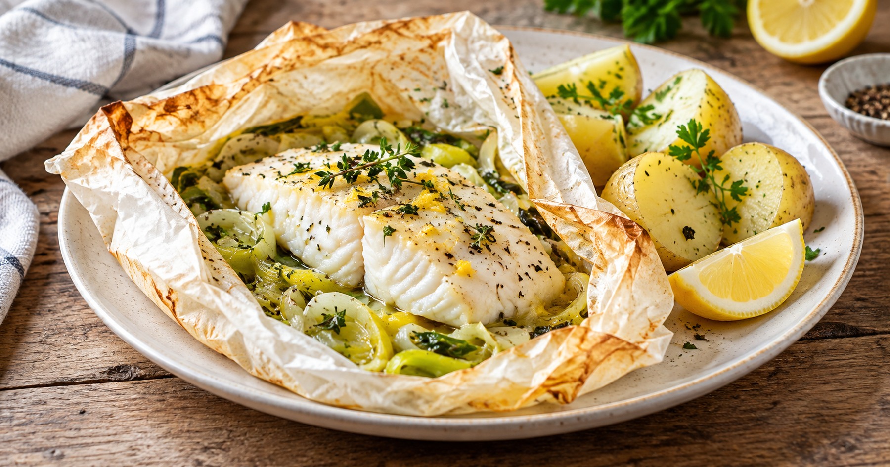 Cabillaud en papillote, poireaux et pommes de terre