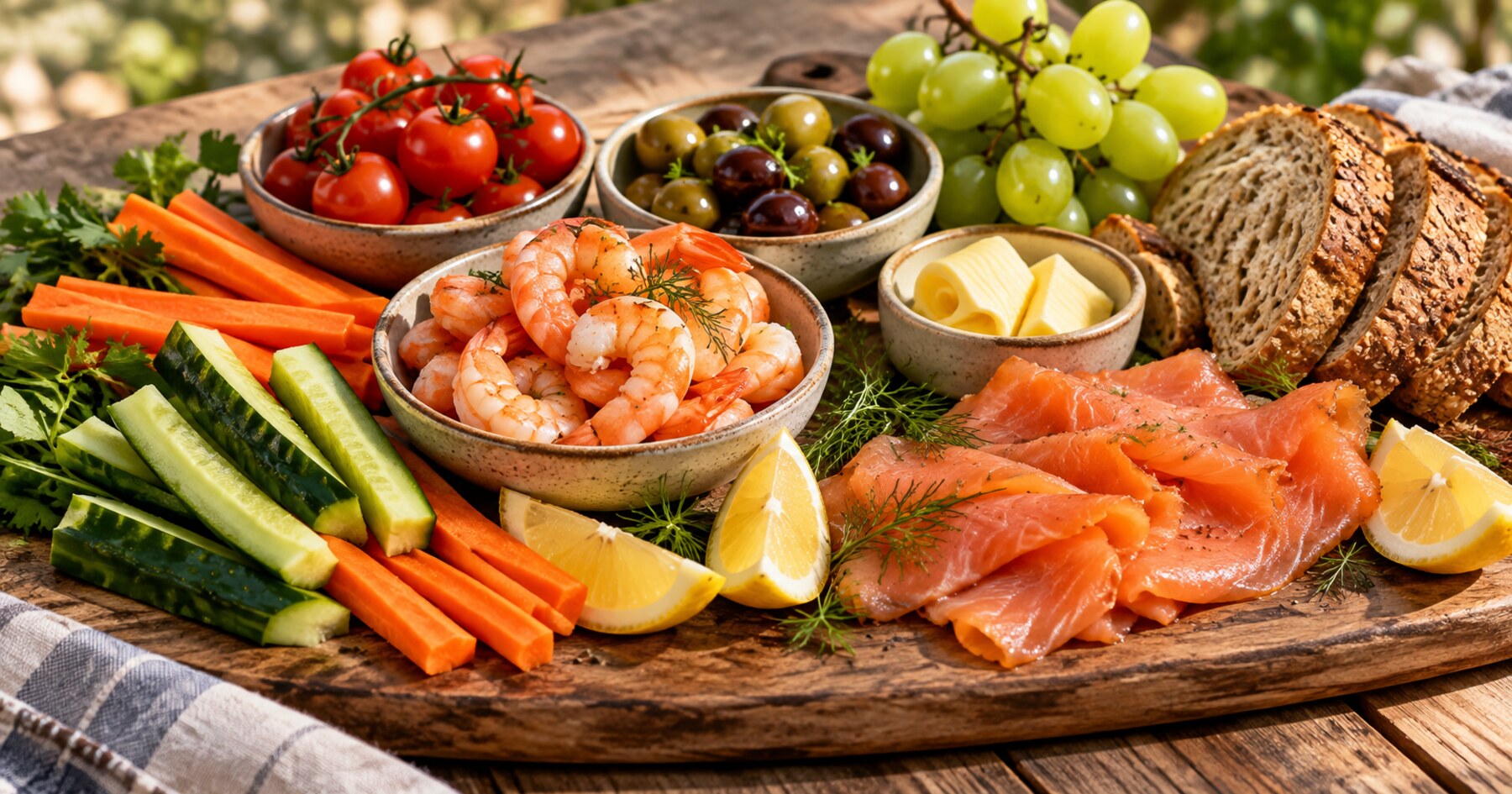 Tomates cerises, raisin, olives, crevettes, poisson fumé, pain et un peu de beurre.
