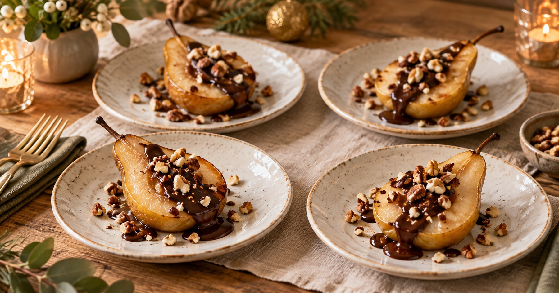 Poires au four, noix et chocolat noir