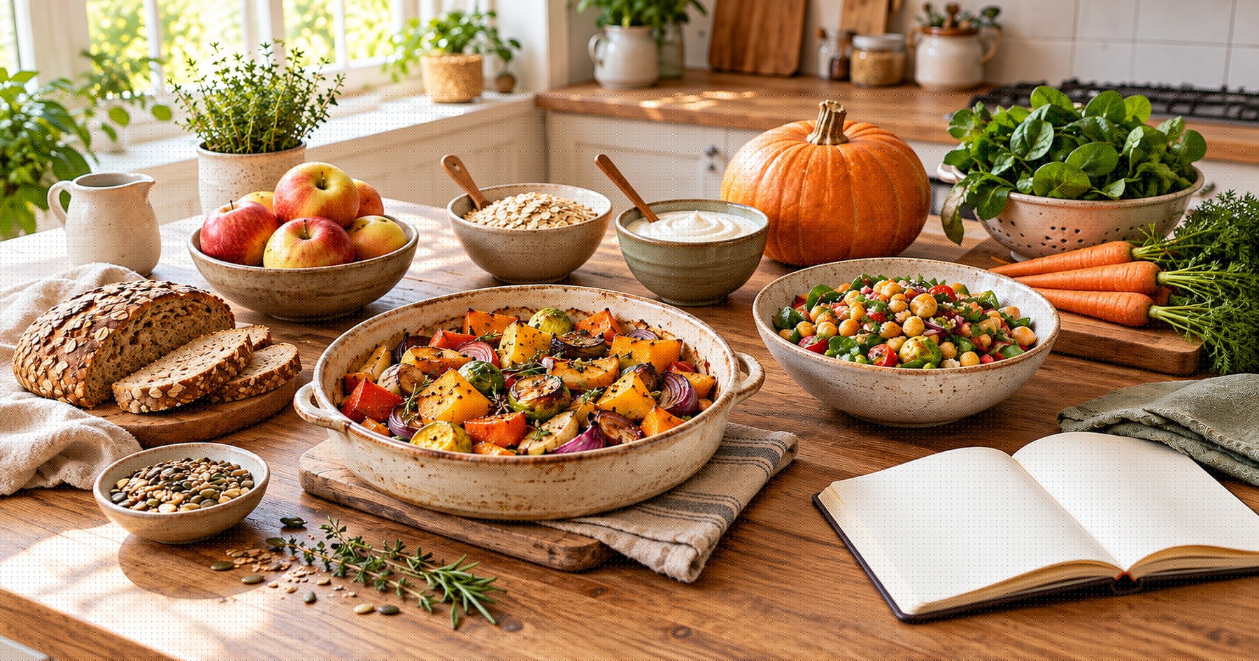 Une table de cuisine avec des plats maison, des légumes et un carnet de menus.