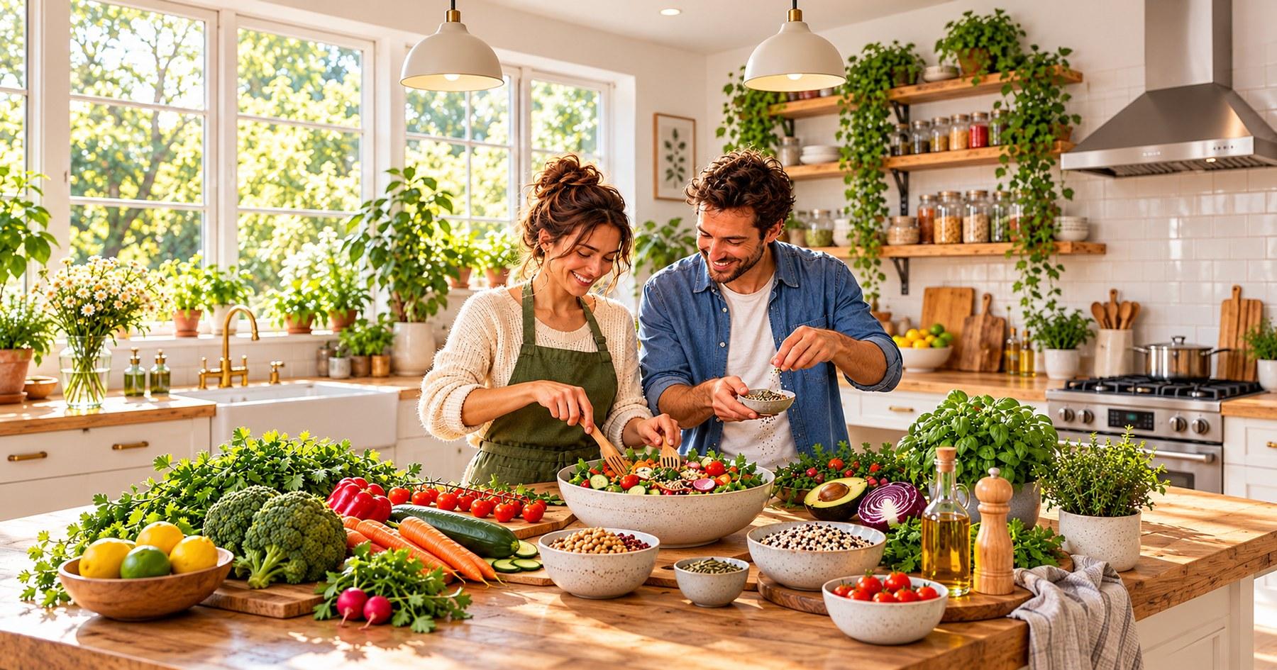 Un couple prépare une salade de légumes frais dans une cuisine lumineuse