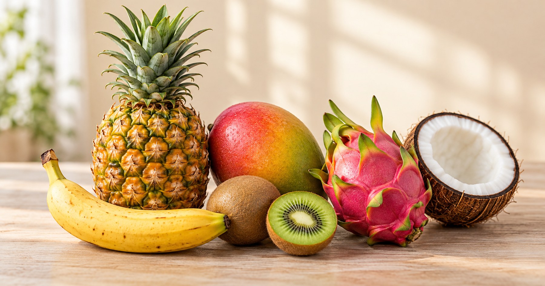 Fruits exotiques disposés sur une table claire