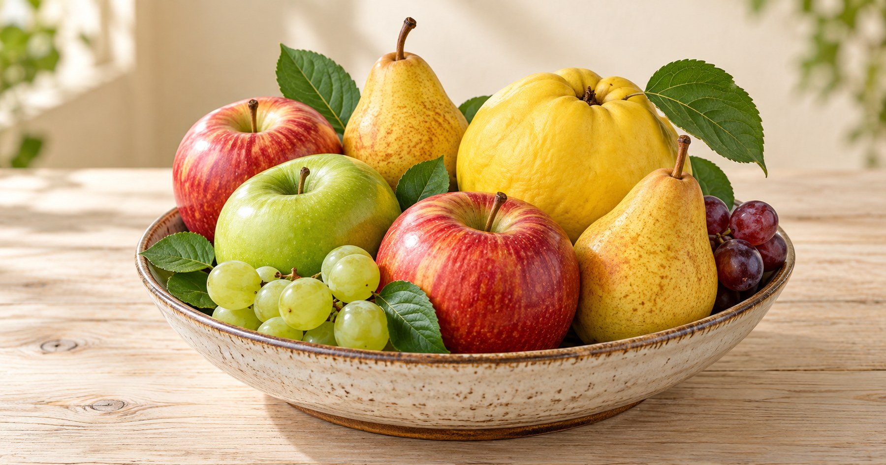 Fruits à pépins disposés sur une table claire