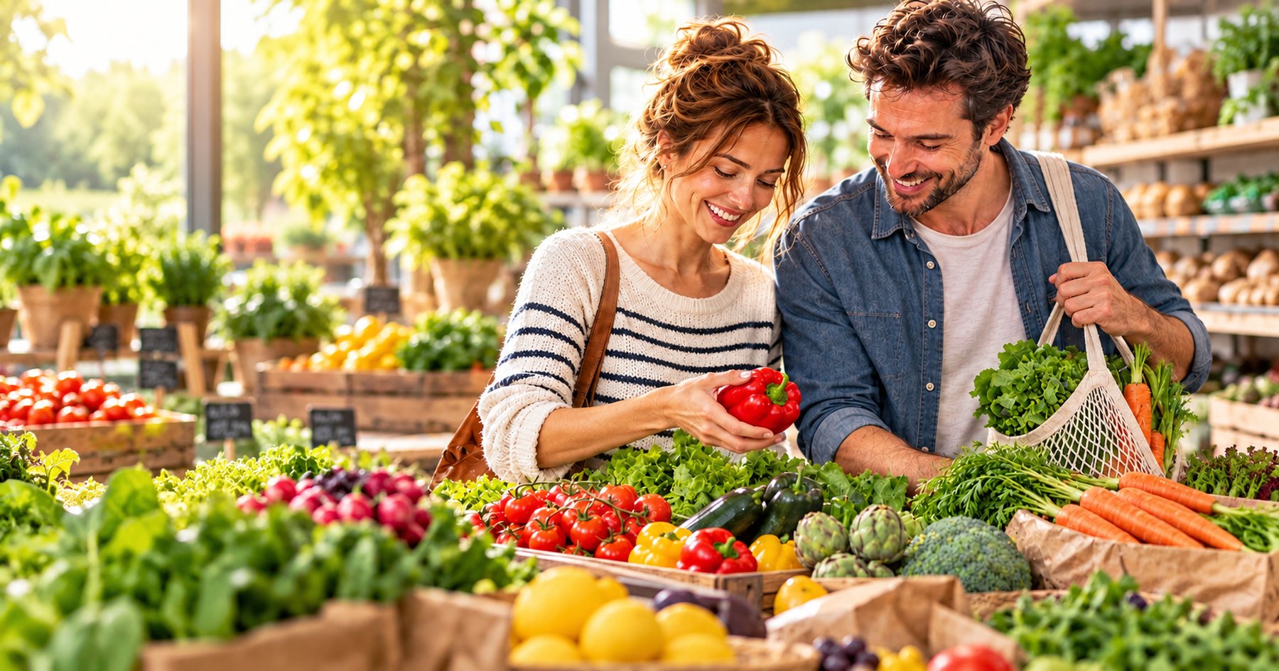 Un homme et une femme comparent leur liste de courses au marché