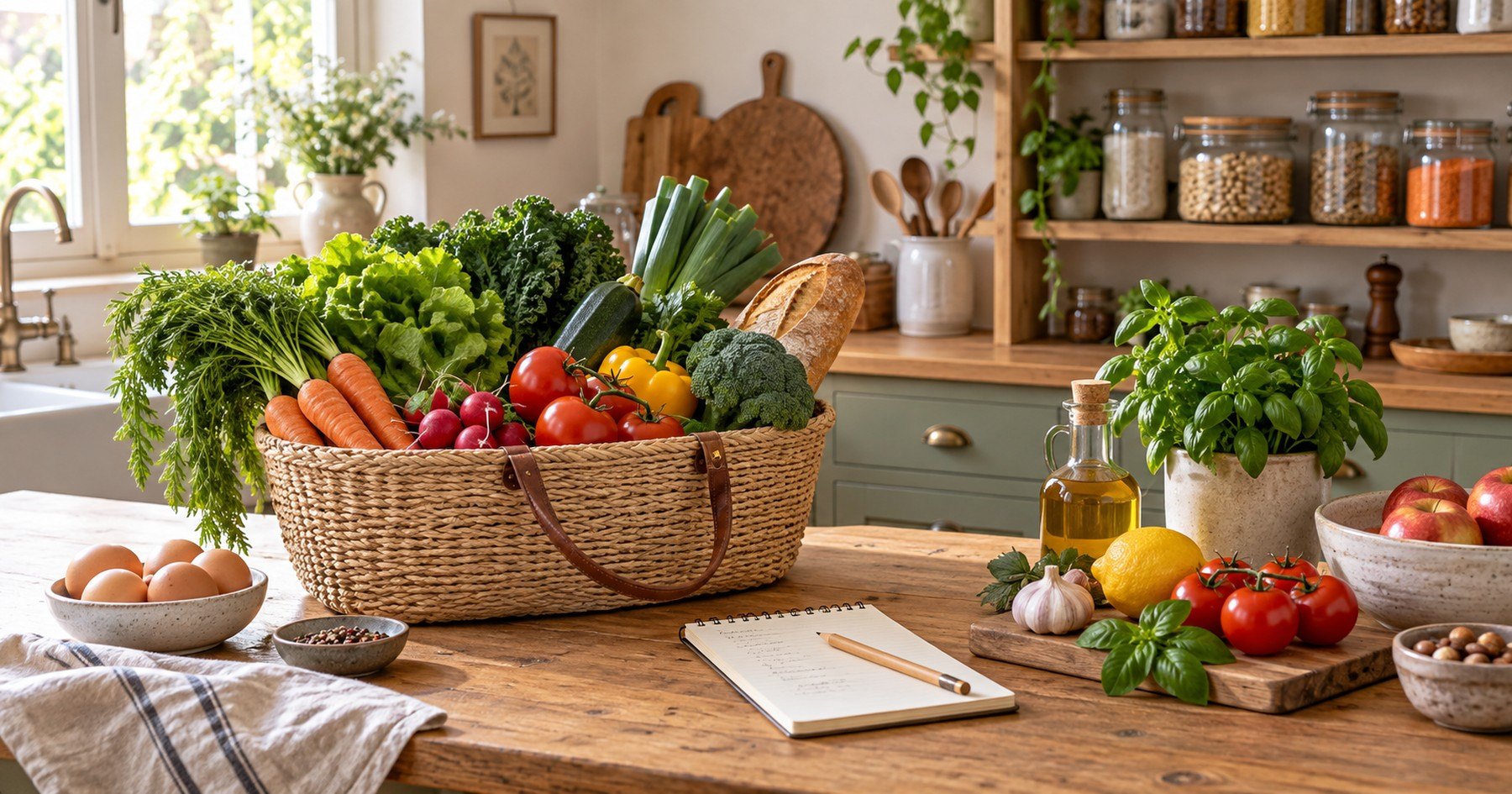 Panier de courses et liste préparée dans une cuisine