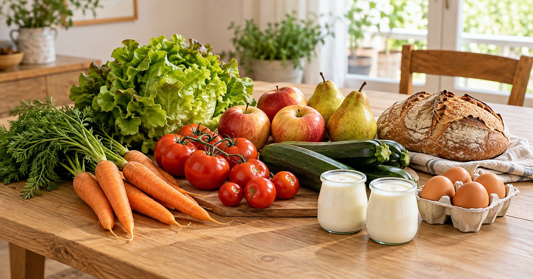 Assortiment de fruits, légumes, pain, œufs et laitages