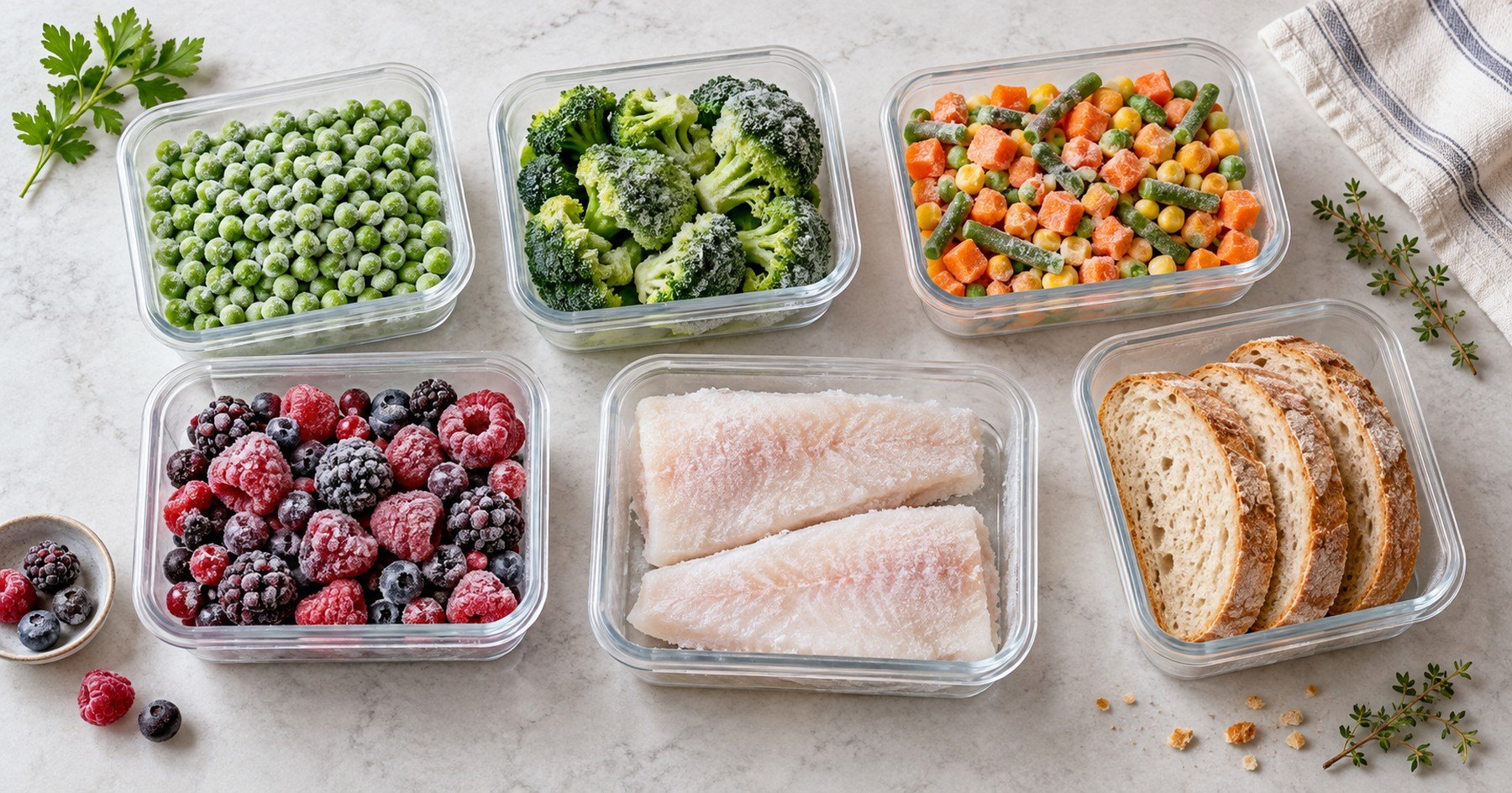 Sélection de légumes, fruits et poissons surgelés