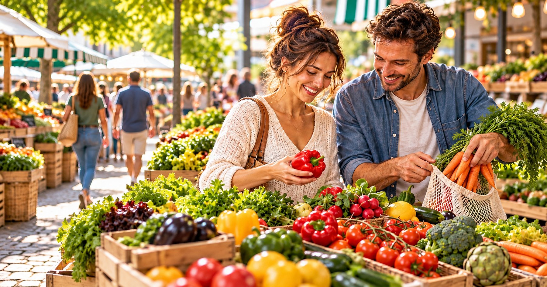 Un homme et une femme préparent leurs courses avec une liste et un chariot au marché