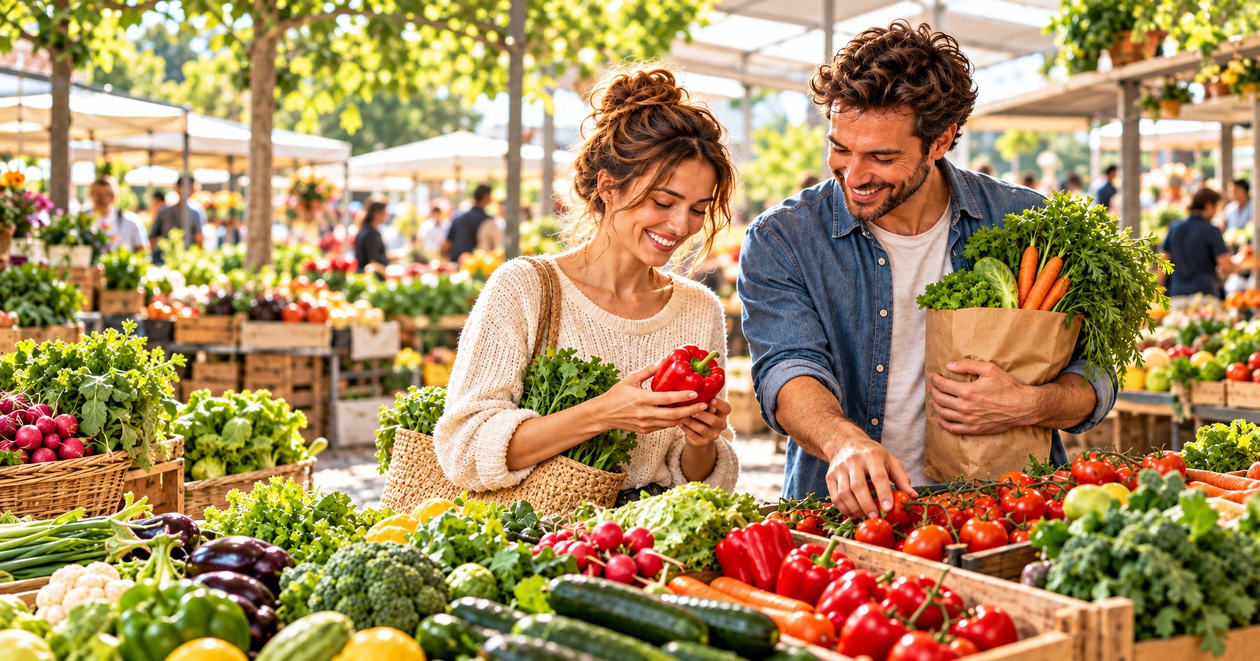 Courses au marché avec des produits frais
