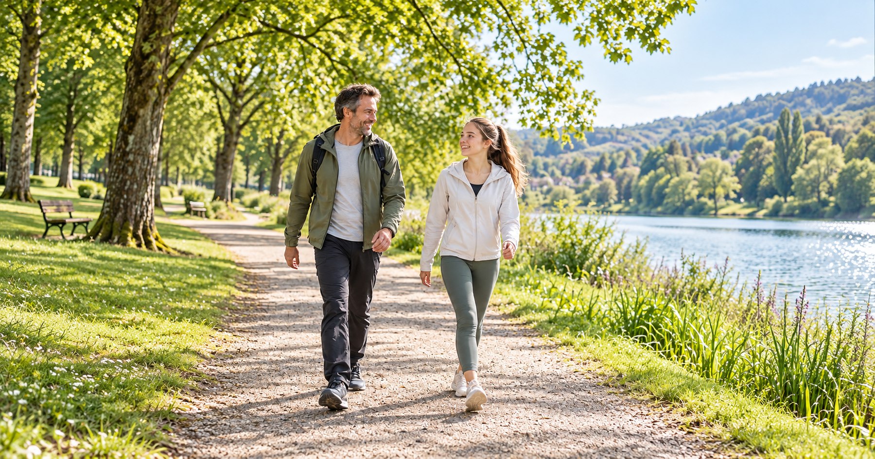 Père et adolescente profitant d’une promenade active en plein air