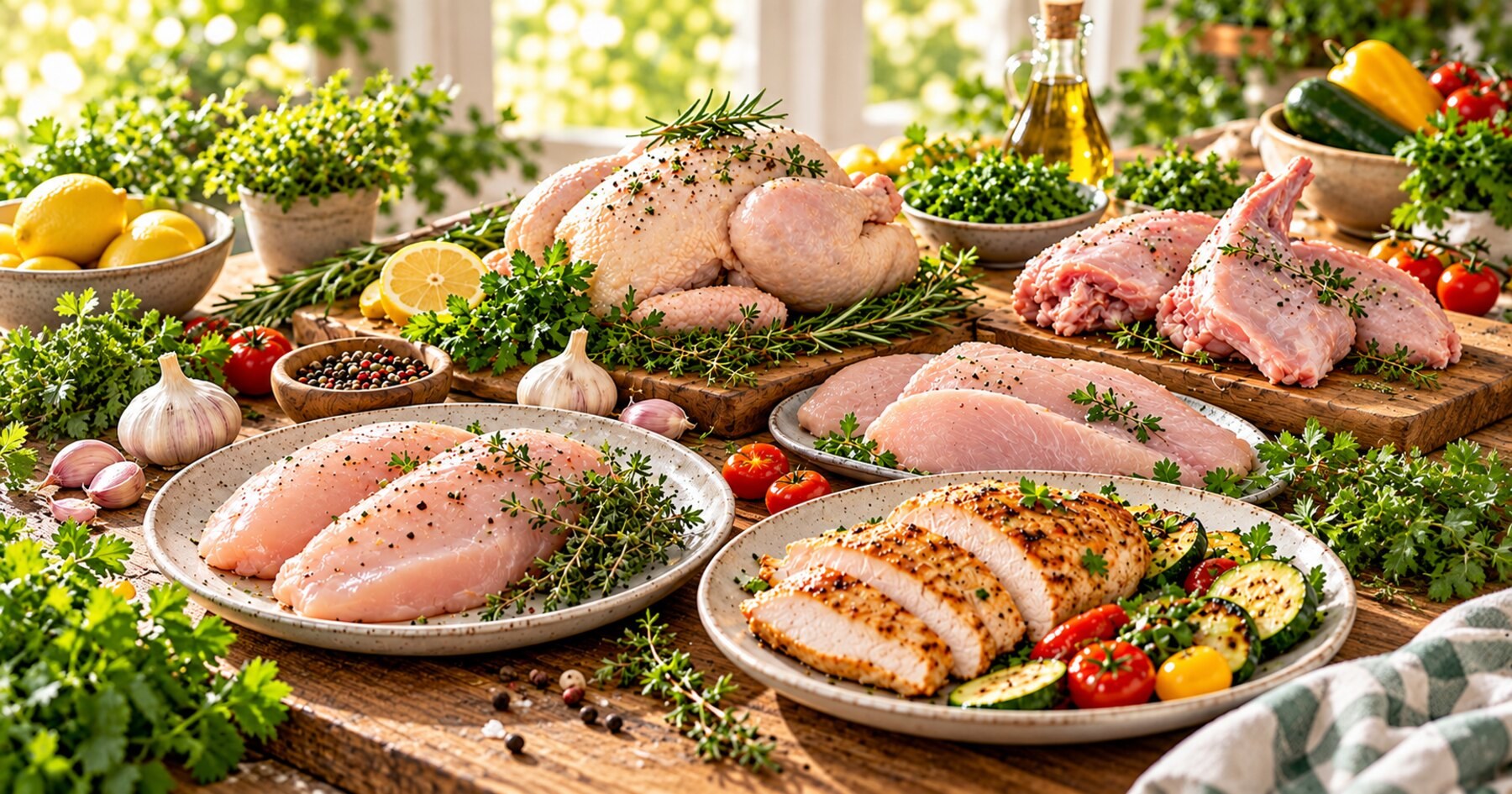 Viandes blanches, filets de volaille et poulet cuisiné sur une table lumineuse