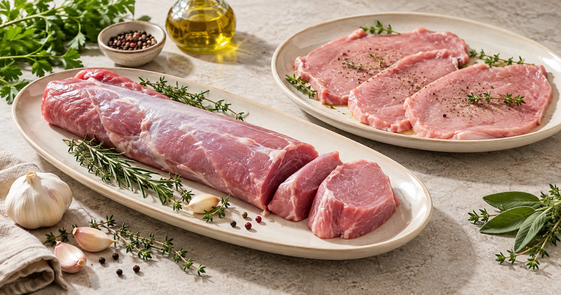 Viandes blanches, filets de volaille et poulet cuisiné sur une table lumineuse